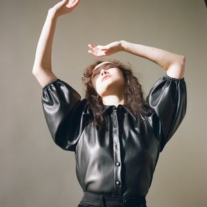 Puffy Sleeve Faux Leather Shirt